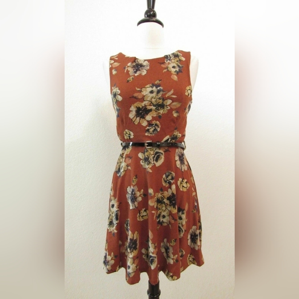 Rust Floral Fit-and-Flare Dress with Belt